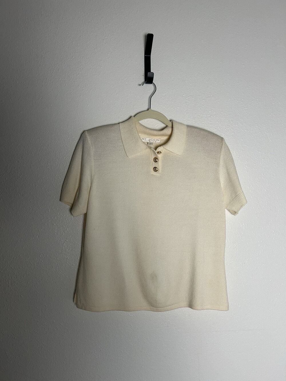 ST. JOHN Santana Knit Collared Polo Top SJ Buttons Beige Size Small